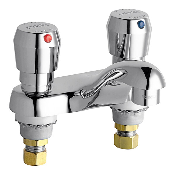 A Chicago Faucets deck-mounted metering faucet with a cast brass spout on a white background.