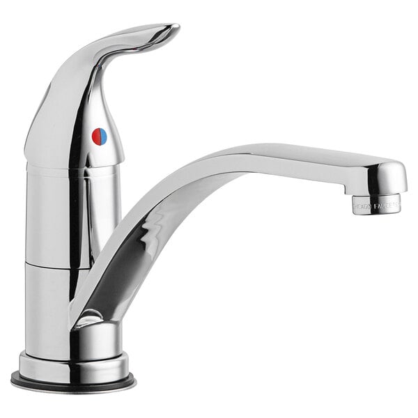 A Chicago Faucets deck-mounted single lever faucet with a chrome finish and red and blue buttons.