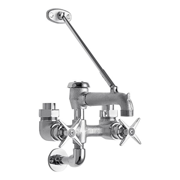 A silver Chicago Faucets wall-mounted mop sink faucet with cross handles.