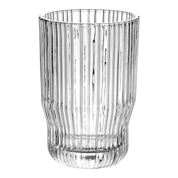 A smoke glass tumbler with a ribbed rim.