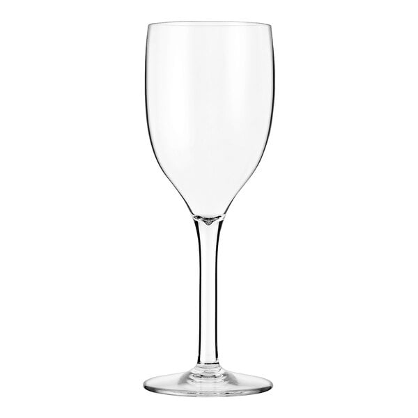 A clear Palm Tritan plastic wine glass with a long stem.