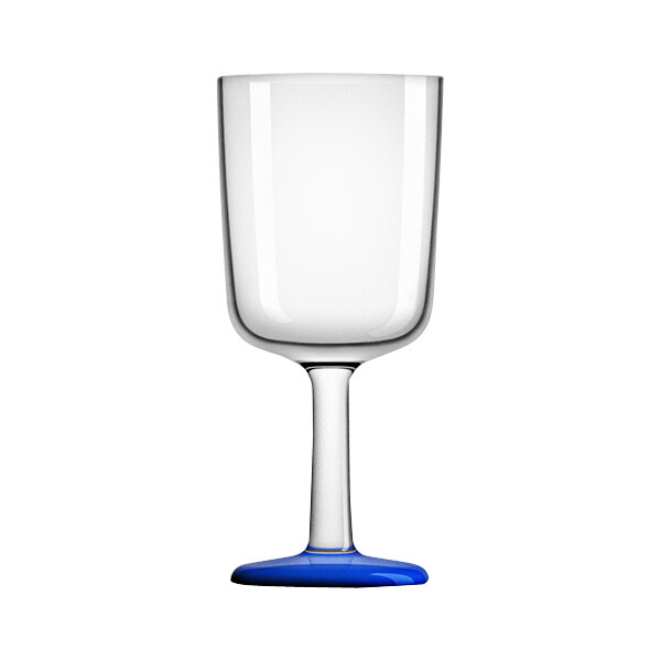 A Palm Marc Newson Tritan plastic wine glass with a blue base.