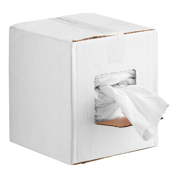 A white box with Monarch Brands white knit rags inside.