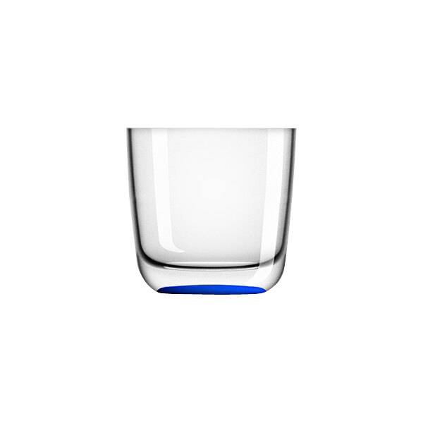 A clear plastic Palm Marc Newson rocks glass with a blue rim.