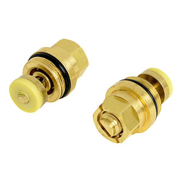A Zurn brass and black metal repair kit for Temp-Gard showers with yellow caps on brass fittings.