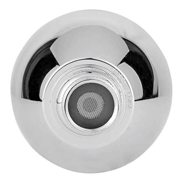 A close up of a chrome Zurn shower head with a black button on it.