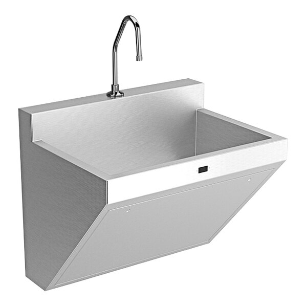 A Sloan stainless steel wall-mounted scrub sink with a faucet.