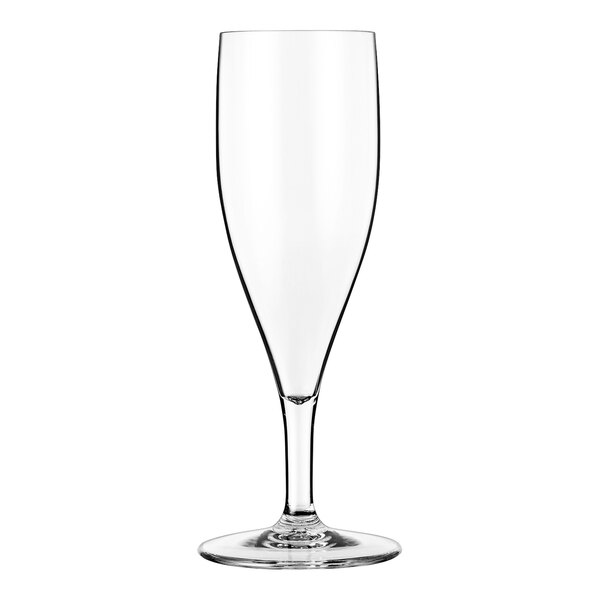 A clear Palm Club flute glass with a stem and white base.