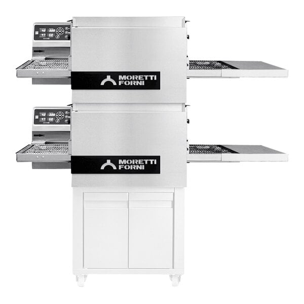 A large white Moretti Forni countertop conveyor oven with black text.