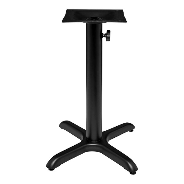 A black metal Perfect Tables end column base for an outdoor table with an umbrella hole.