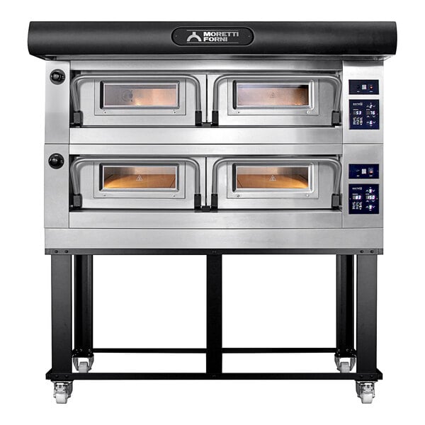 A Moretti Forni electric double deck pizza oven with a black top.