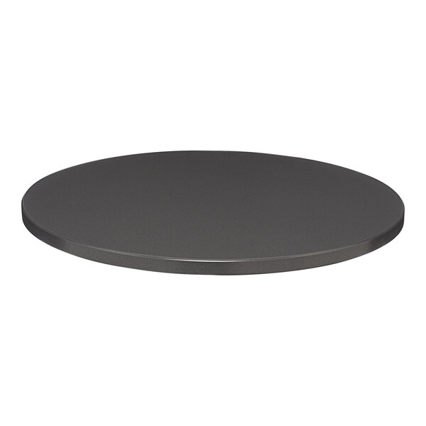 A Perfect Tables 30" Outdoor Round Smooth Graphite Nebula table top on a table.