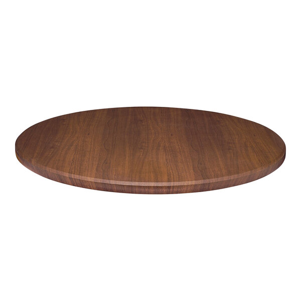 A close-up of a dark walnut woodgrain Perfect Tables round table top.