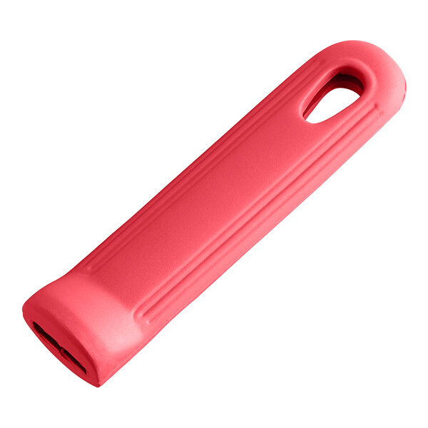 A red silicone handle sleeve with a hole.