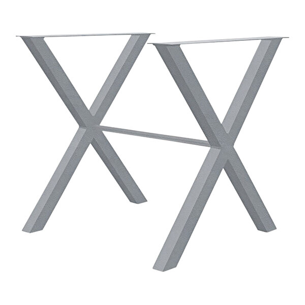 A pair of silver x-shaped metal table bases.