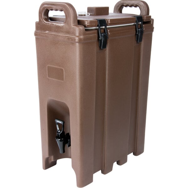 A brown plastic container with black handles.