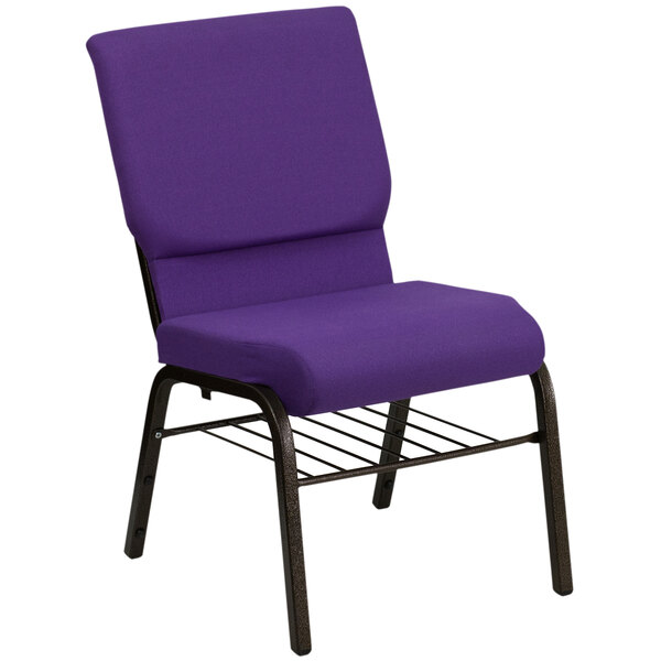 A purple church chair with a black metal frame.