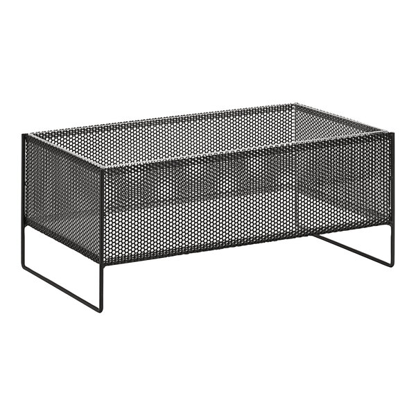 A black metal mesh box with legs and a rectangular top with a clear pan inside.