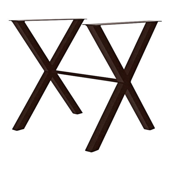 A black metal x-shaped table base for Perfect Tables.