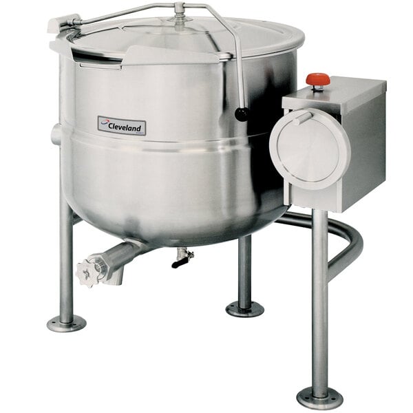 A Cleveland 60 gallon stainless steel steam kettle with a lid.
