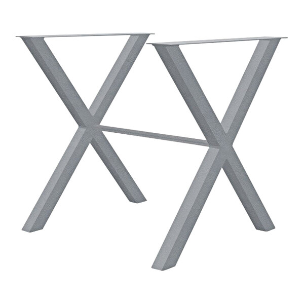A pair of silver metal x-shaped bar height table legs.