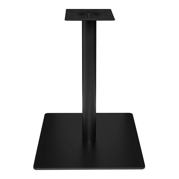 A black square base with a metal pole for a Perfect Tables bar height table.