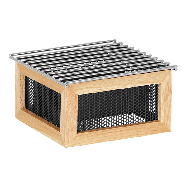 A wooden box with metal bars on top.