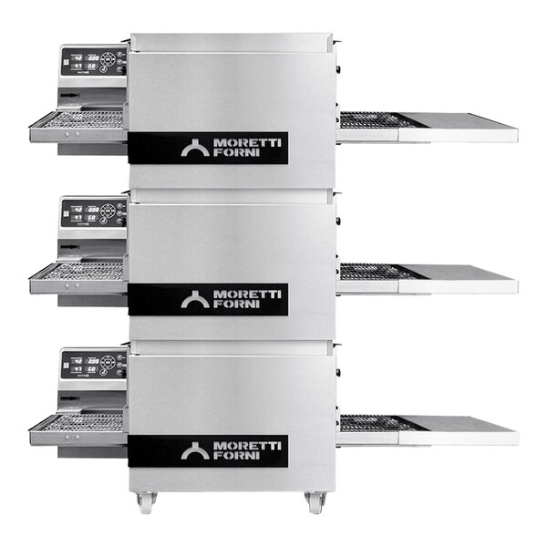 A Moretti Forni T64E triple stacked conveyor oven on a counter.