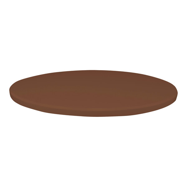 A brown circle Perfect Tables teak table top.