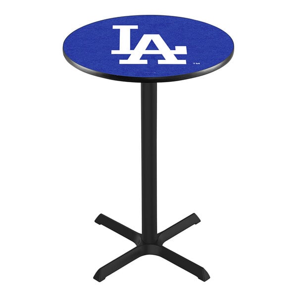 A blue round pub table with the Los Angeles Dodgers logo on the surface and cross base.