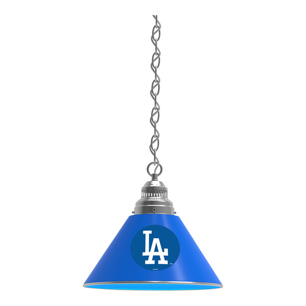 A blue and silver lamp shade with the Los Angeles Dodgers logo on it.