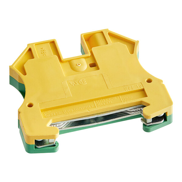 A yellow and green plastic ground terminal for Main Street Equipment HTDT dishwashers.