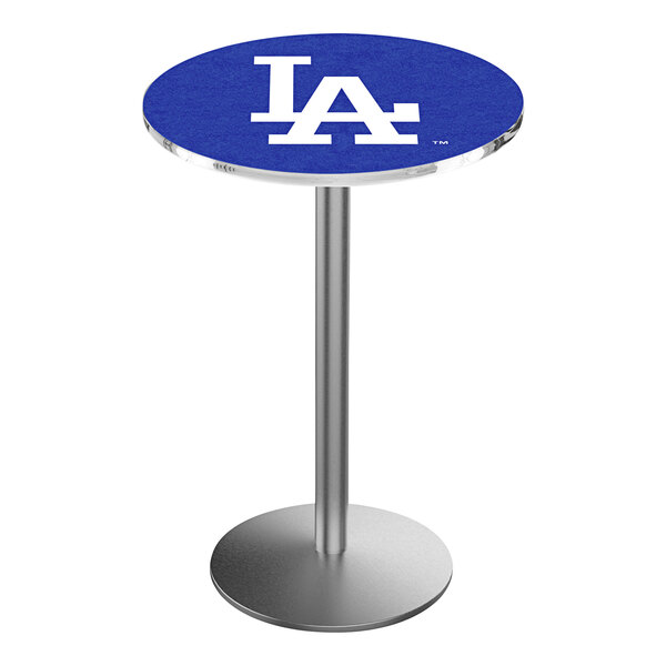 A Holland Bar Stool round counter height pub table with a blue and white Los Angeles Dodgers logo.