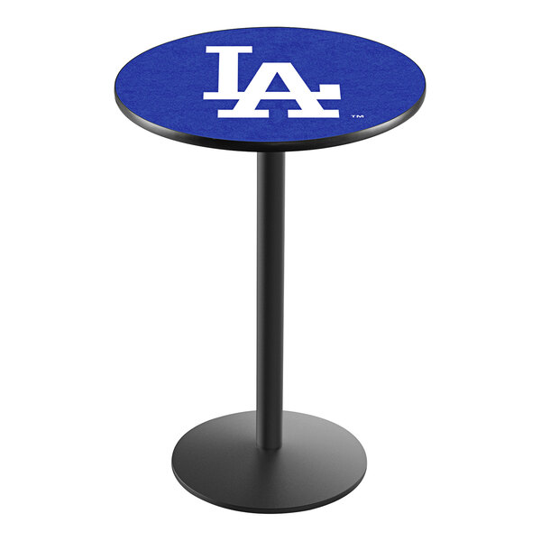 A blue round pub table with the Los Angeles Dodgers logo on the surface.