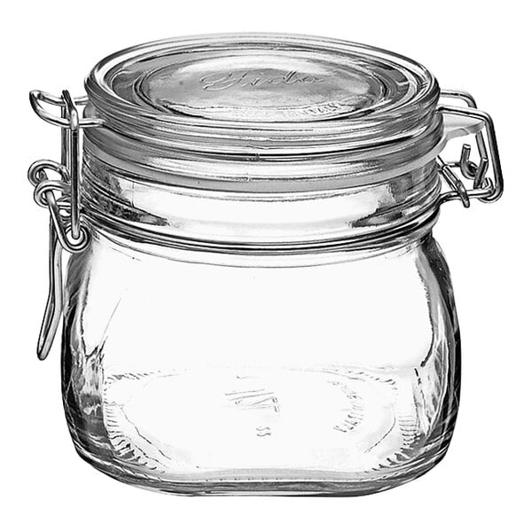 A Matfer Bourgeat clear glass jar with a metal lid.