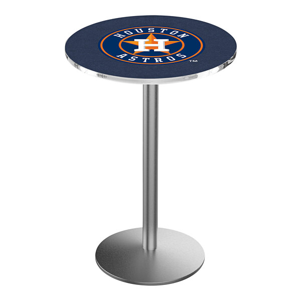 A round blue Holland Bar Stool Houston Astros pub table with a white star and text.