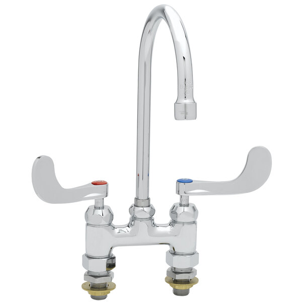 A T&S chrome deck-mount faucet with two handles and a gooseneck spout.