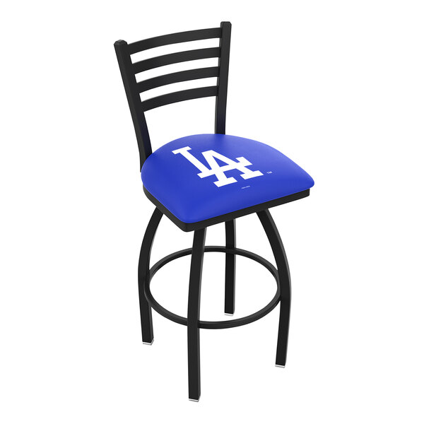 A black swivel bar stool with blue cushion and Los Angeles Dodgers logo on the back.