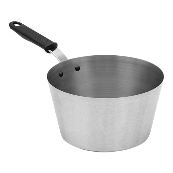A silver stainless steel Vollrath sauce pan with a black handle.
