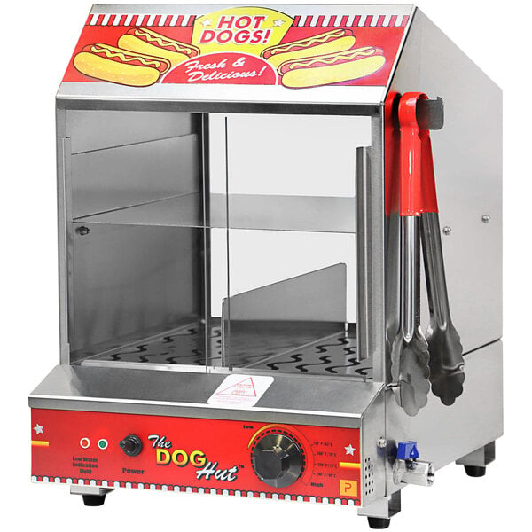 A Paragon hot dog machine with a red handle.