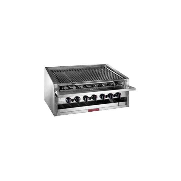 A MagiKitch'n stainless steel countertop charbroiler with two burners.