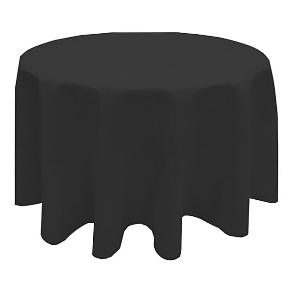 A black Snap Drape round tablecloth with a black border on a table.