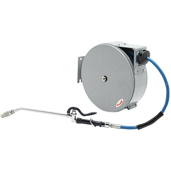 A grey T&S hose reel with an attached blue hose.