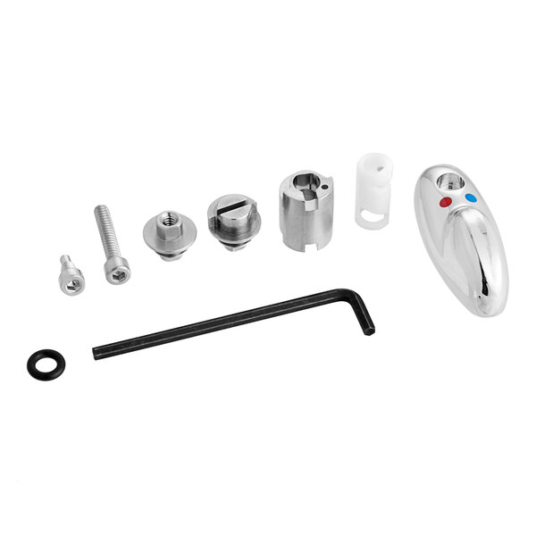 A silver Chicago Faucets user temperature control handle kit with blue accents.