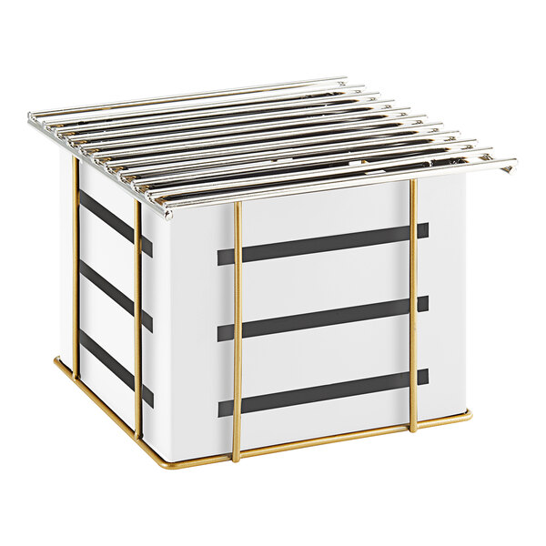 A white Cal-Mil box with black stripes and gold metal rods.