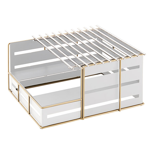 A white metal frame with gold metal slats.