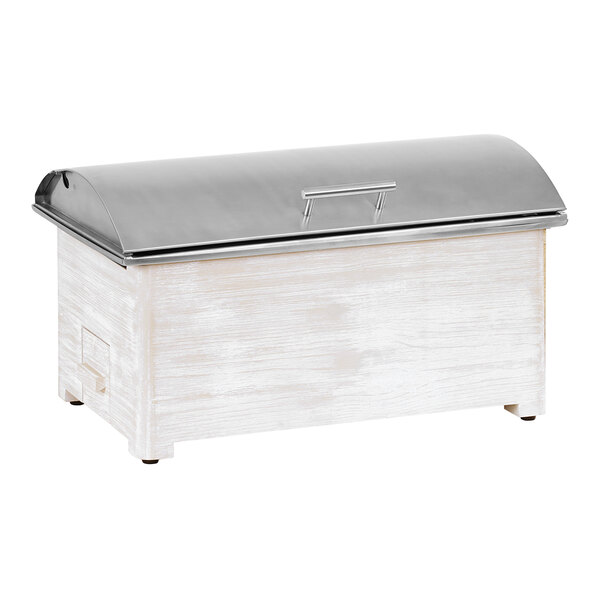 A white wooden Cal-Mil Newport chafer with a silver lid on a table.