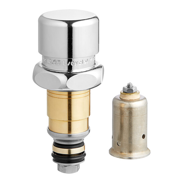 A Chicago Faucets Cam-Type knee valve cartridge with a brass nozzle and chrome and gold finish.
