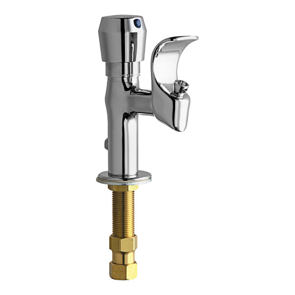 A close-up of a Chicago Faucets drinking fountain faucet with a chrome and brass finish.