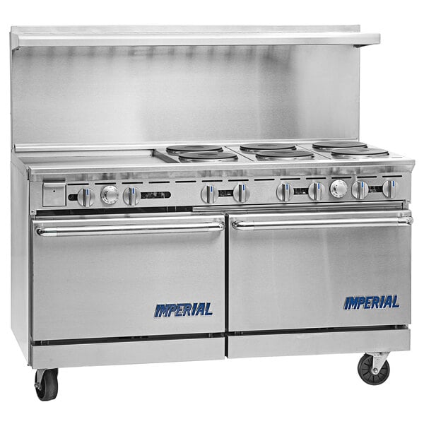 A stainless steel Imperial Range Pro Series electric range with two ovens on a counter in a professional kitchen.